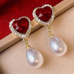 Heart Red Crystal & Pearl Drop Earrings - Gold Tone